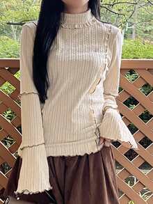 FRIFUL Women's Solid Color High Neck Bell Sleeve Casual Romantic Cute Versatile T-Shirt Brunch Apricot Autumn - Beige - View 3