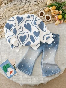 Baby Girl Heart Print Long Sleeve Sweatshirt And Flared Pants Casual Set - Multicolor - View 3