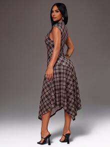 Radiana Plus Size Women's Plaid Stand Collar Ruched Asymmetrical Hem Sleeveless Elegant Dress - Multicolor - View 2