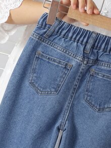SHEIN Vintaside Kids (Young Girl) 牛仔長褲，時尚個性甜美復古可愛彩色花卉刺繡藍色水洗寬鬆直筒長褲，女士甜美風休閒度假下著 - 深色水洗藍 - 查看 5
