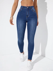 Jeanoix Celana Jeans Denim Kasual Wanita untuk Sehari-hari dengan Saku dan Kancing - Biru - View 1