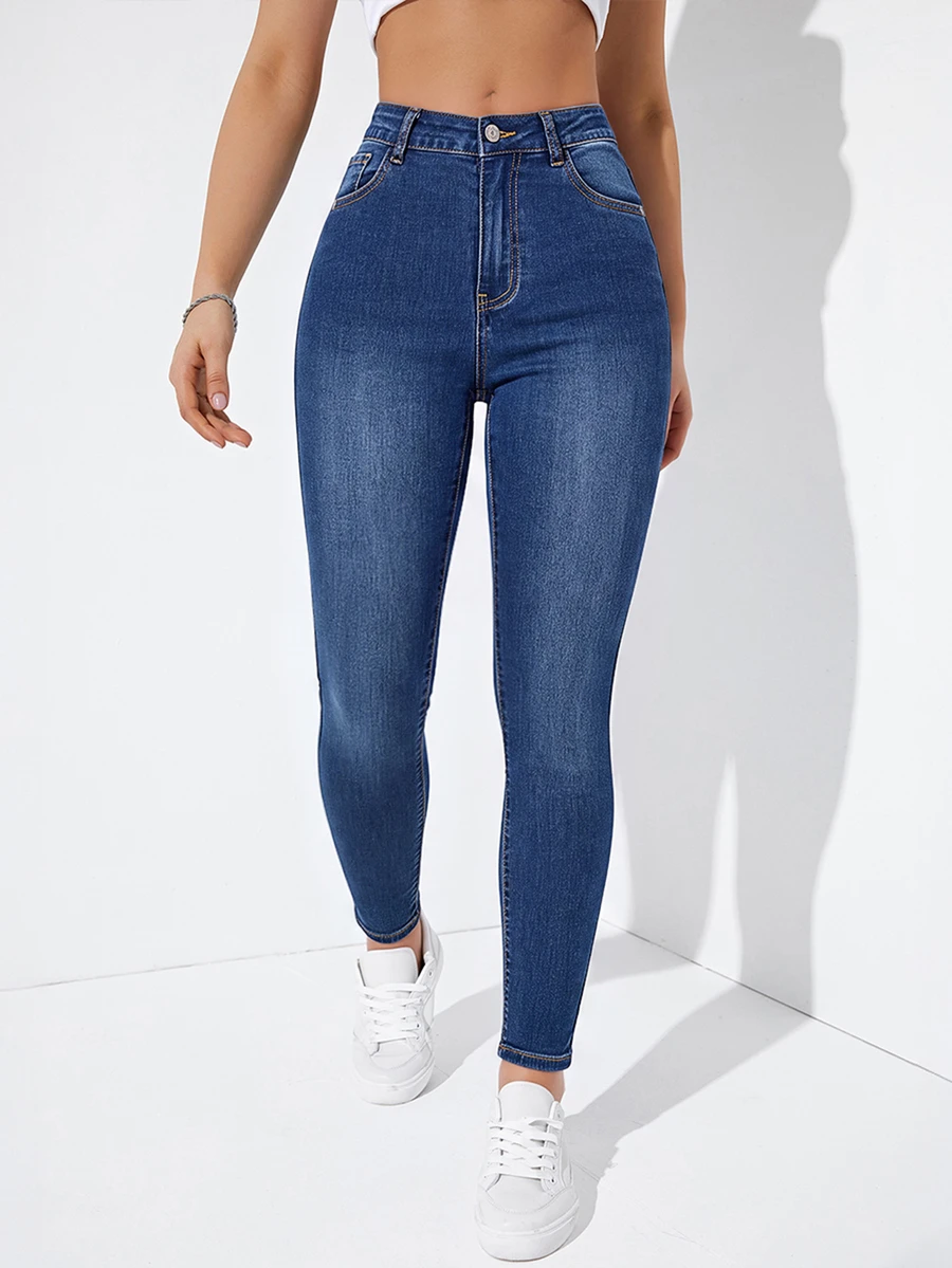 Jeanoix Celana Jeans Denim Kasual Wanita untuk Sehari-hari dengan Saku dan Kancing - Biru - View 1