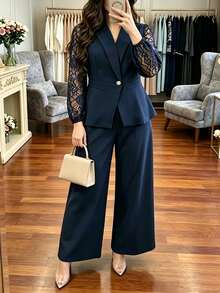Modelyn Navy Blue Plus Size Elegant Commuter Fashionable Lady Suit Set With Lace Long Sleeve Fitted Blazer And Straight Leg Pants - Navy Blue - View 6