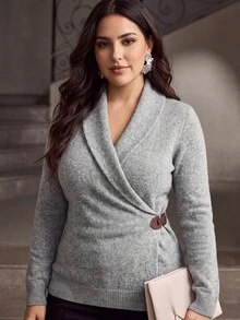 ZEYLAH Plus Size Women's Solid Color Long Sleeve Autumn/Winter Fashion Classic Pure Wool Sweater - Grey - View 3