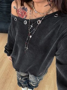 Coolane 女款大尺碼秋冬街頭風 Y2K 休閒棉質不對稱肩環扣長袖黑色水洗保暖衛衣 - 黑色 - 查看 3