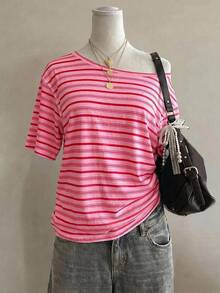 SHEIN EZwear 休閒極簡條紋滿版印花單肩落肩短袖寬鬆女款T恤 - 彩色 - 查看 6