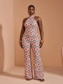 JIAN LASALA All-Over Print Halter Neck Tie Sleeveless Flared Leg Women Summer Plus Size Jumpsuits Boho Casual - Multicolor - View 5
