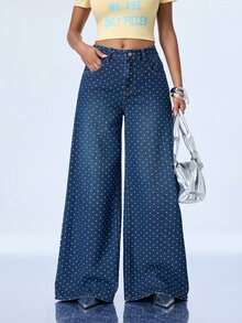Y2Kool Women's Polka Dot Pattern Pocket Wide Leg Loose Fit Jeans - Dark Wash - View 4