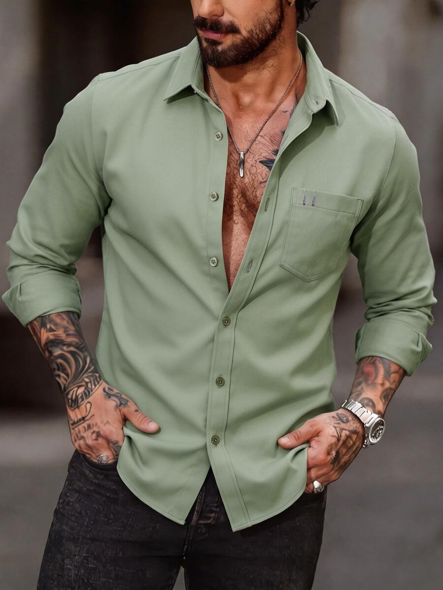 Calvornis Men's Solid Color Single-Breasted Pocket Casual Long Sleeve Shirt, Formal, Old Money - Green - View 1