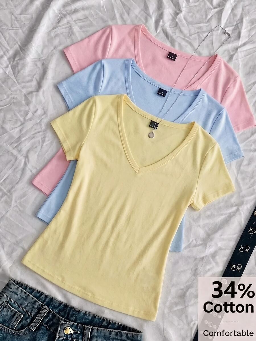 SHEIN EZwear 3件組女款純色V領T恤 - 彩色 - 查看 1