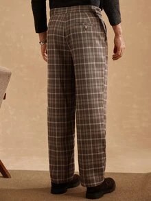 Core Aspect 2026 Spring Summer Men Vintage Brown Plaid Flare Dress Pants, Retro College & Smart Casual Style, Wr - Brown - View 2