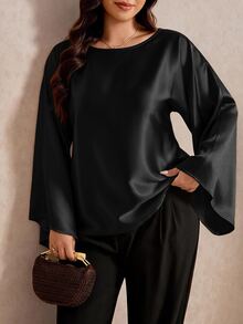 Elaquor Plus Size Women Solid Color Casual Versatile Daily Wear Shirt - Black - View 5
