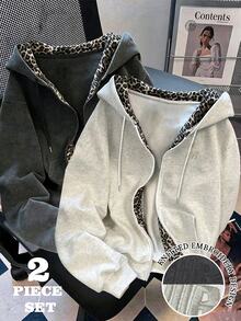 Resyla 2pcs Set, Women's Double Layer Hooded Sweatshirt, Classic Black And Light Gray Combination Jacket, Minimalist Letter Embroidery Pattern, Graphic Design, Leopard Print, Casual Versatile, Daily Wear, Multi-Color Combination - Multicolor - View 1