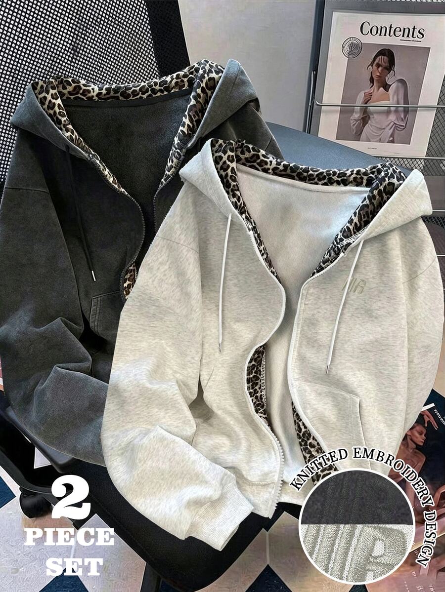 Resyla 2pcs Set, Women's Double Layer Hooded Sweatshirt, Classic Black And Light Gray Combination Jacket, Minimalist Letter Embroidery Pattern, Graphic Design, Leopard Print, Casual Versatile, Daily Wear, Multi-Color Combination - Multicolor - View 1