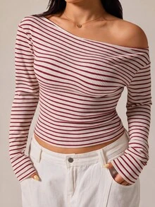 GalTyme Plus Size Street Fashion Versatile Striped Colorblock Long Sleeve T-Shirt - Red and White - View 7