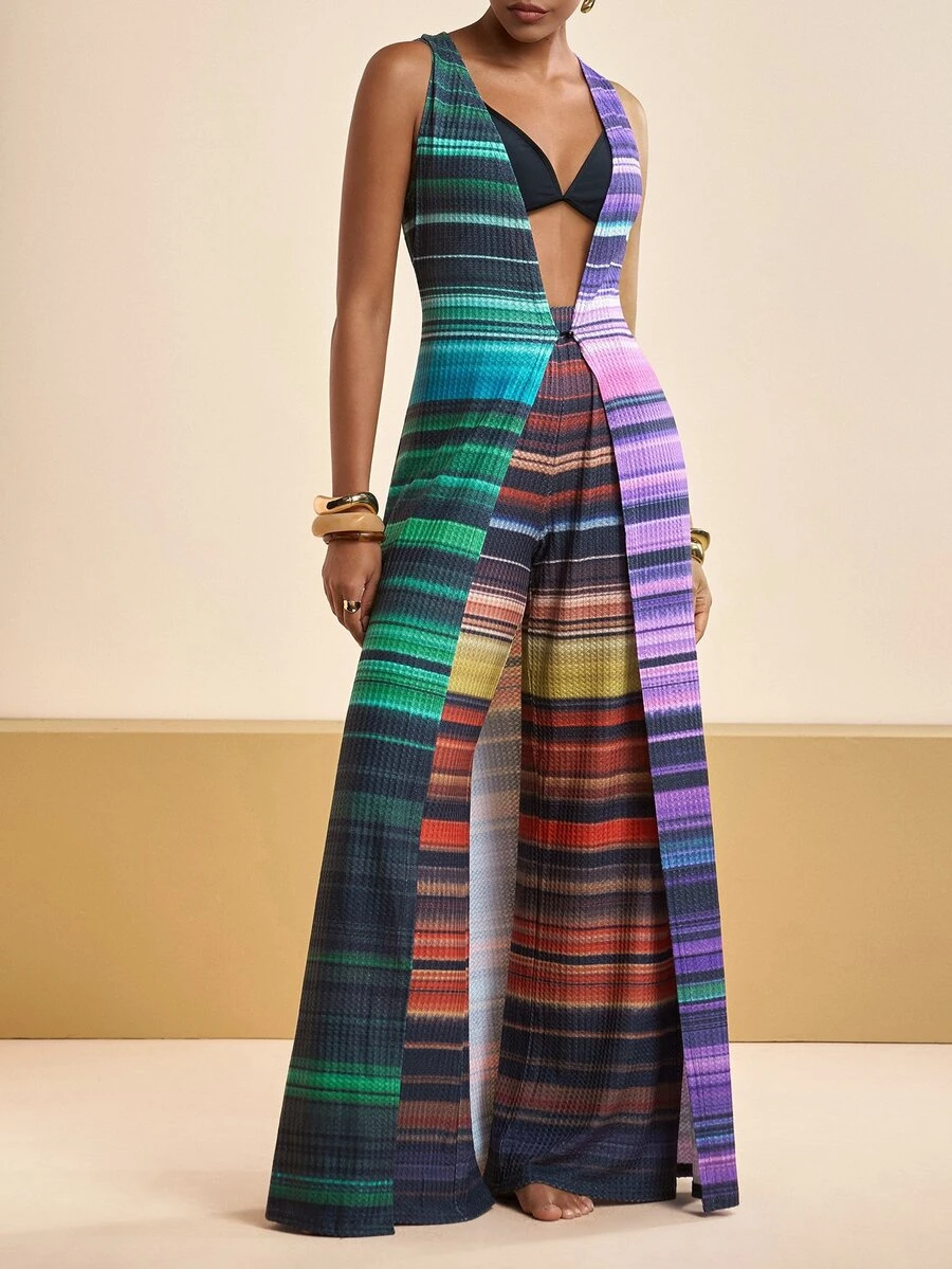Zivah New Elegant Women's Striped Sleeveless Cover Up & Wide Leg Pants 2 Pieces Set, Versatile For Multiple Occasions, Beach Vacation, Commuting - Multicolor - View 1