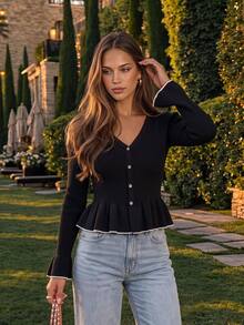 KARISMINA Elegant Black Ribbed Knit Flare Sleeve Ruffle Hem Slim Fit Cardigan,Fall Winte,Contrast Trim,Elegant Cardigan,Christmas,French Style - Black - View 8