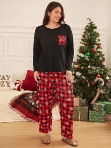 Doze Lane Christmas Snowflake Print Pocket Solid Color Long Sleeve Plaid Pants Plus Size Women's Pajama Set - Black - View 6
