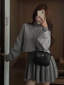 DAZY Women's Solid Color Loose Short Cable Knit Crew Neck Long Sleeve Casual Vacation Spring Autumn Sweater - Grey - View 8