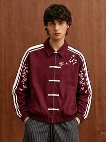 Manfinity Hypemode Men's Japanese-Chinese Style Sports Jacket, Japanese Cherry Blossom Chinese Frog Button Striped, Oriental Charm, Streetwear, Daily Commute - Burgundy - View 3