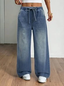 Jeanoix Light Blue Washed Full Elastic Waist Drawstring Wide Leg Jeans With Front Pockets, Back Machine-Stitched Double Pockets, Draped Floor-Length Casual Streetwear Versatile Long Pants - Medium Wash - View 5