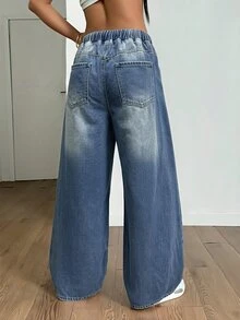 Jeanoix Light Blue Washed Full Elastic Waist Drawstring Wide Leg Jeans With Front Pockets, Back Machine-Stitched Double Pockets, Draped Floor-Length Casual Streetwear Versatile Long Pants - Medium Wash - View 2