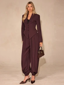 Enchnt Women's Regular Long Sleeve Single-Breasted Jacket And Jogger Pants Fashion Suit Set - Apricot - View 3