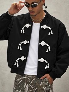 Manfinity Homme جاكيت رجالي، أسلوب الشارع الأمريكي العتيق، تصميم أزرار الضفدع، إحساس فاخر مريح، أسلوب المال القديم، أسلوب الجبل، أسلوب بسيط، ملابس يومية متعددة الاستخدامات، ملابس عصرية، العودة إلى المدرسة، خارجي، أفضل هدية - الأسود - مشاهدة 1