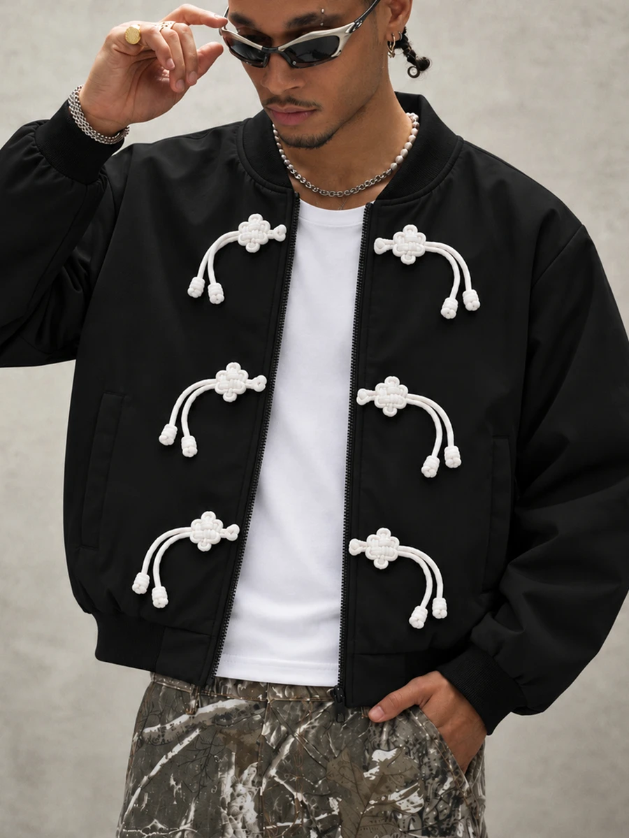 Manfinity Homme جاكيت رجالي، أسلوب الشارع الأمريكي العتيق، تصميم أزرار الضفدع، إحساس فاخر مريح، أسلوب المال القديم، أسلوب الجبل، أسلوب بسيط، ملابس يومية متعددة الاستخدامات، ملابس عصرية، العودة إلى المدرسة، خارجي، أفضل هدية - الأسود - مشاهدة 1