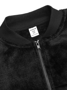 SHEIN 青少年女孩秋冬保暖內裡加厚兩件套 長袖拉鍊連帽外套 + 寬腿運動長褲 休閒套裝，適合日常穿著、居家、街頭，舒適 - 黑色 - 查看 8