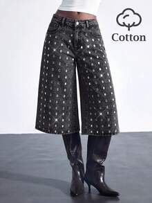Maija Celana Jeans Denim Wanita Model Potongan Pendek dengan Saku dan Hiasan Rhinestone - Grey - View 1