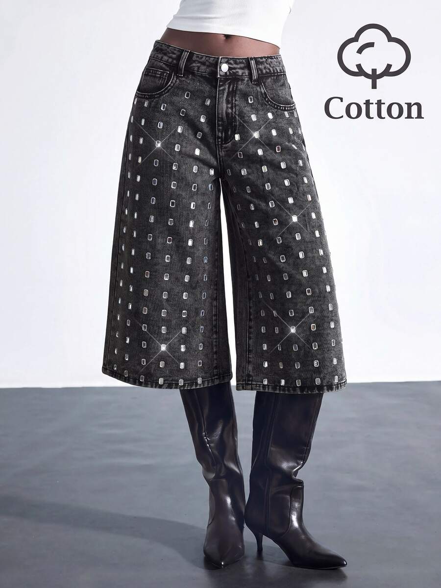 Maija Celana Jeans Denim Wanita Model Potongan Pendek dengan Saku dan Hiasan Rhinestone - Grey - View 1