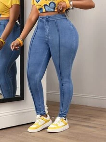 Slaydiva Plus Size Women's High Waist Casual Daily Wear Denim Jeans - Black - View 4