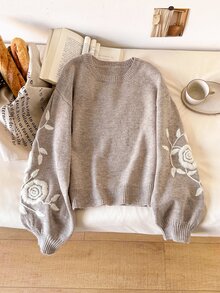 Story & Sage Women's Floral Embroidered Pattern Casual Daily Long Sleeve Sweater - Grey - View 3