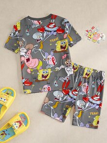 SpongeBob SquarePants | SHEIN Young Boy Round Neck Short Sleeve Top And Shorts Loungewear - Grey - View 2