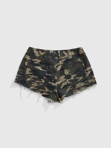 ROMWE Y2K Shorts vaqueros mini de cintura baja asimétricos y desgastados para mujer, atuendo de concierto - Verde militar - Ver 2