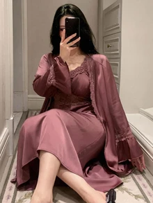 Dazy Plus Contrast Lace Elegant Long Nightgown & Long Cardigan Robe, Spring/Autumn New Red Sleepwear Set - Red Violet - View 4