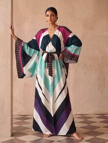 Zivah New Elegant Women's Multi-Color Totem Print Robe-Style Long Cover-Up With Tie, Suitable For Multiple Occasions, Elegant Women's Beach Vacation Versatile Commute - Multicolor - View 1