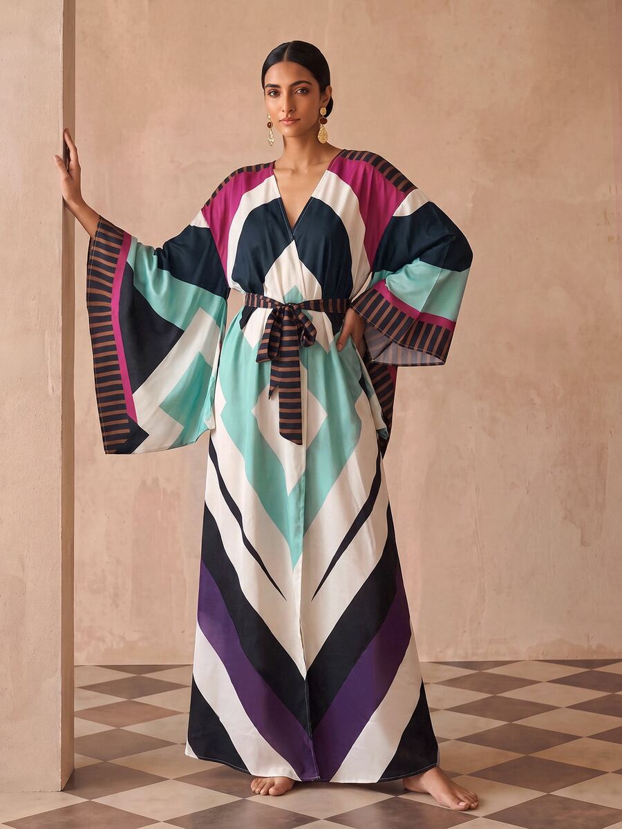 Zivah New Elegant Women's Multi-Color Totem Print Robe-Style Long Cover-Up With Tie, Suitable For Multiple Occasions, Elegant Women's Beach Vacation Versatile Commute - Multicolor - View 1
