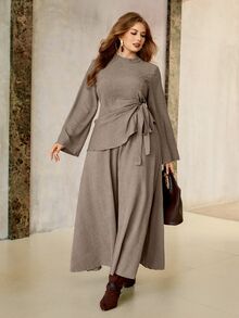Roveilla Plus Size Autumn Long Sleeve Khaki Casual Lazy Vintage Top & Skirt 2 Pieces Set For Commute Fall - Brown - View 3