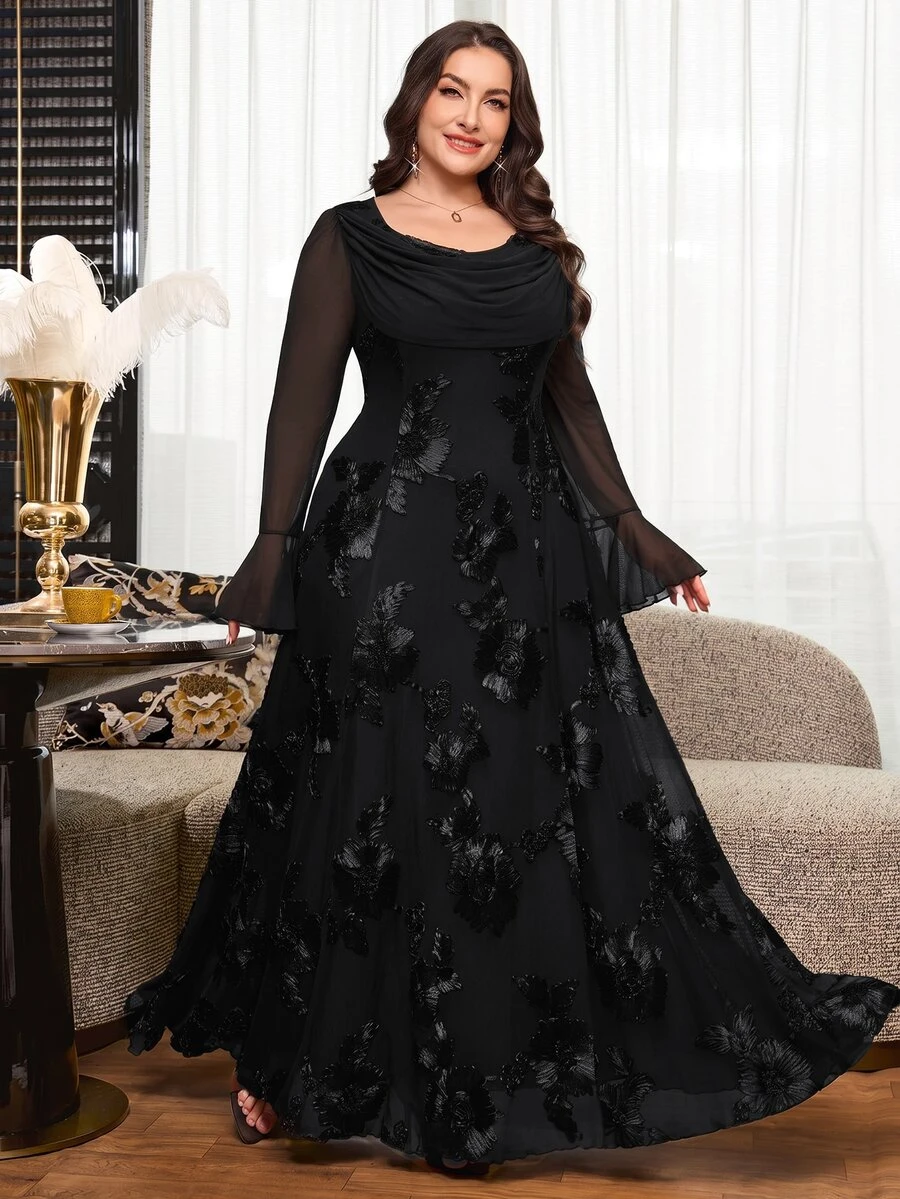 Reflora Plus Size Women's Jacquard Elegant Cinched Waist Party Dress Fall - Black - View 1