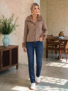 SHEIN Women Cable Knit Faux Fur Collar & Cuff Crop Jacket, Single Breasted Short Cardigan Coat For Fall Winter - Brown - View 4