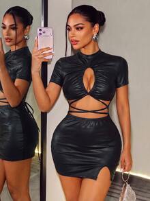 BamGleam Women's Solid Color PU Leather Hollow Cross Design Short Sleeve Sexy Dress Halloween Club Night Out Black Autumn Club Clothes Party Sexy Dress Concert - Black - View 5