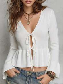 SHEIN كارديجان صوف ناعم أنيق مع فيونكة وأكمام مكشكشة وحافة خصر مشدودة - أبيض - مشاهدة 1