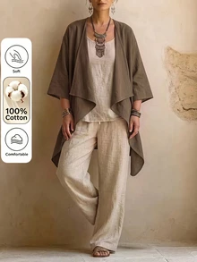 Linhara CURVE Cape-Style Loose Fit 3/4 Wide Sleeve Relaxed Vintage Linen Zen Style Plus Size Jacket - Coffee Brown - View 1