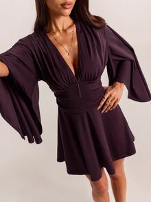 SHEIN BAE فستان ميني أنيق بقصة A-Line باللون البنفسجي للخريف، بياقة V عميقة وأكمام واسعة وخصر مكشكش، مناسب للحفلات الفرنسية والمواعيد الليلية وحفلات العودة للمنزل وضيفة الزفاف - بني - مشاهدة 7