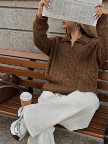 FavEase Women's Autumn/Winter Casual Youthful College Style Turn-Down Collar Ribbed Twisted Rope Knit Sweater - Brown - View 6