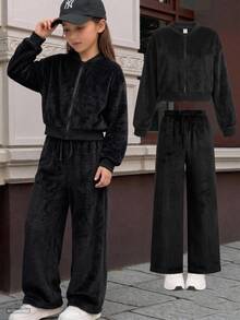 SHEIN 青少年女孩秋冬保暖內裡加厚兩件套 長袖拉鍊連帽外套 + 寬腿運動長褲 休閒套裝，適合日常穿著、居家、街頭，舒適 - 黑色 - 查看 1