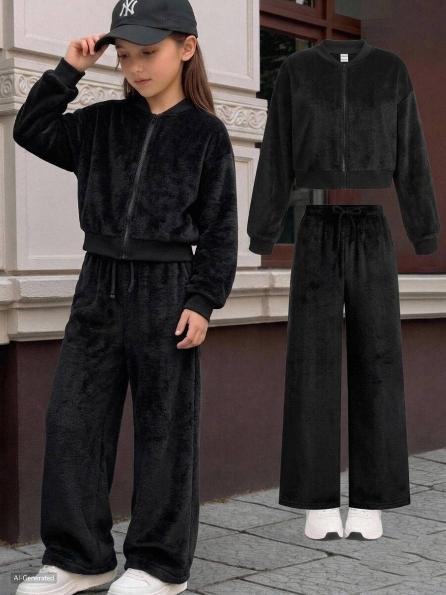 SHEIN 青少年女孩秋冬保暖內裡加厚兩件套 長袖拉鍊連帽外套 + 寬腿運動長褲 休閒套裝,適合日常穿著、居家、街頭,舒適 - 黑色 - 查看 1