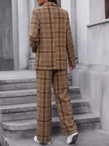 SHEIN 秋冬女款格紋純棉兩件式套裝，雙排釦西裝外套搭配高腰寬腿長褲，復古格紋辦公商務穿搭套裝 - 彩色 - 查看 3